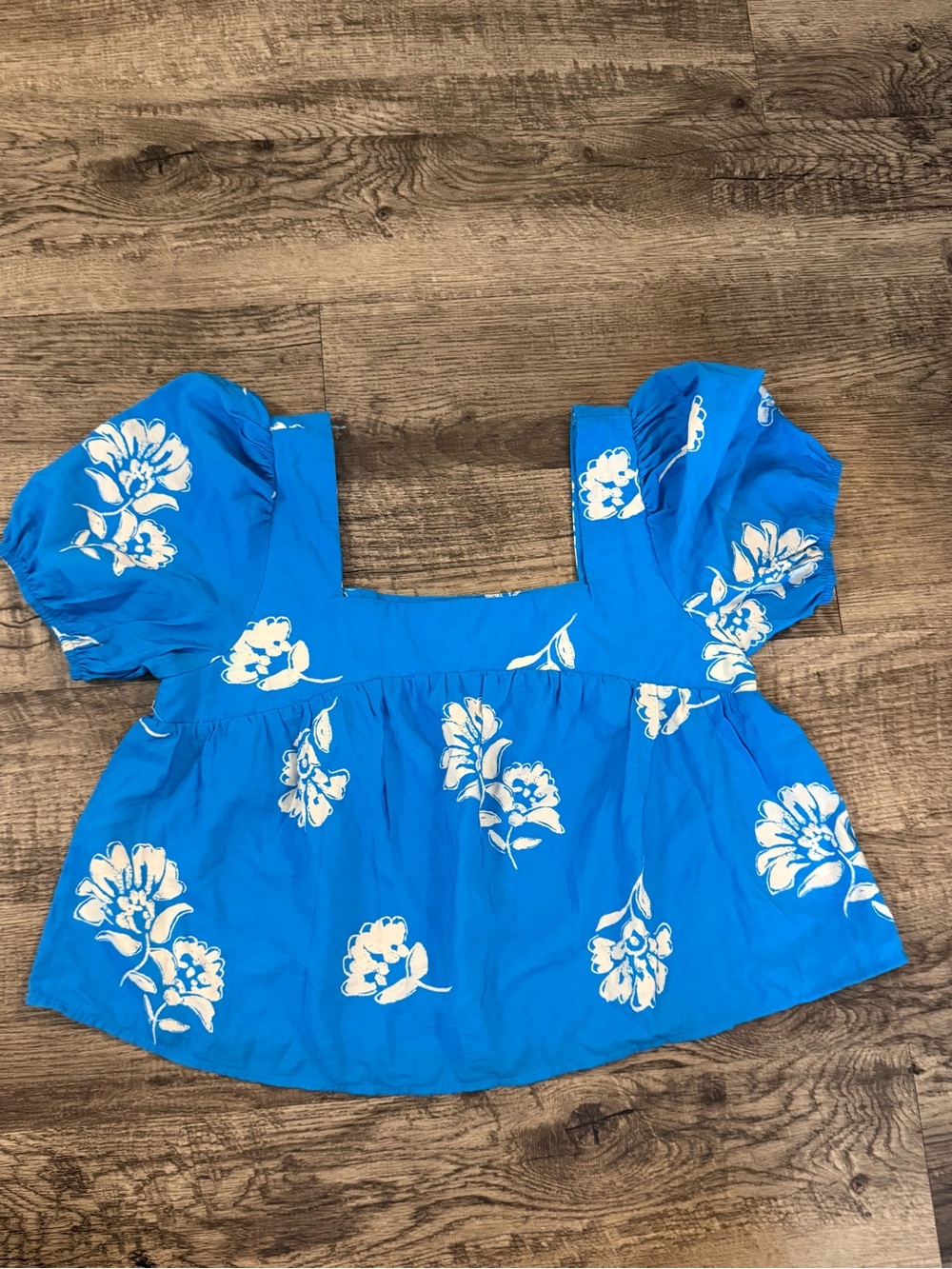 Bright Blue Floral Square-Neck Puff Sleeve Women's Top